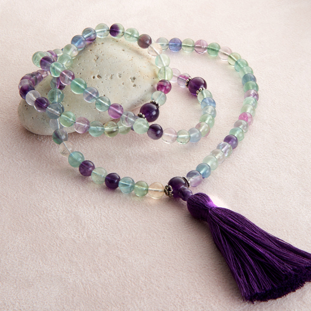 Rainbow Fluorite & Amethyst Mala, 108 beads