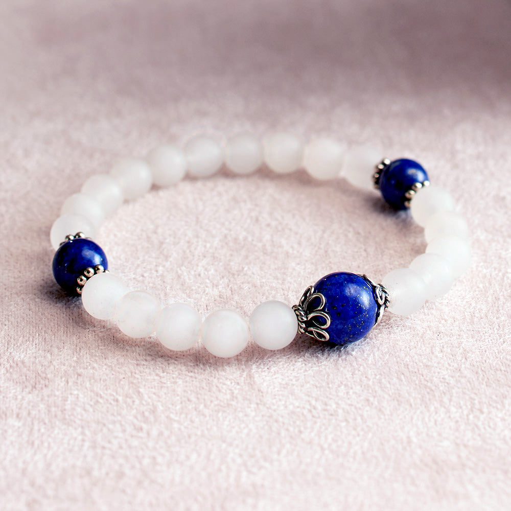 Matte Rock Crystal and Lapis Stretchy Wrist Mala Bracelet