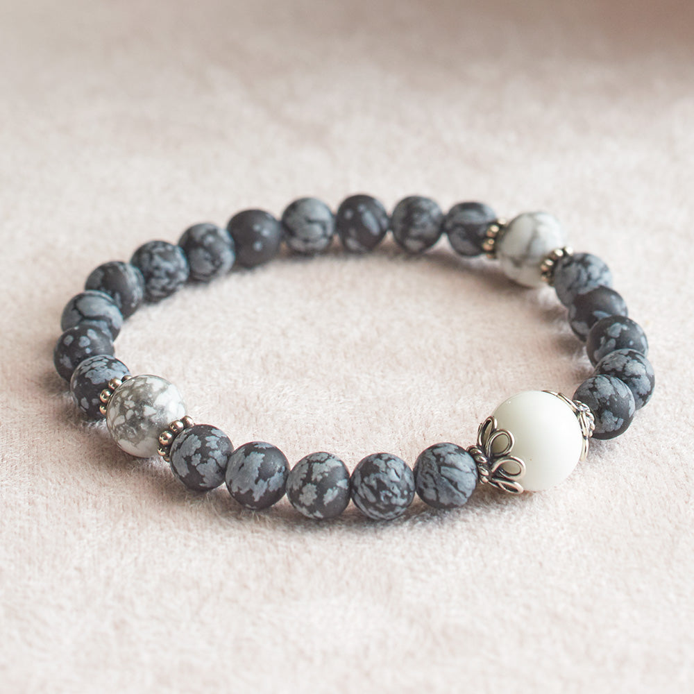 Matte Snowflake Obsidian and Dragon Vein Agate Stretchy Wrist Mala Bracelet