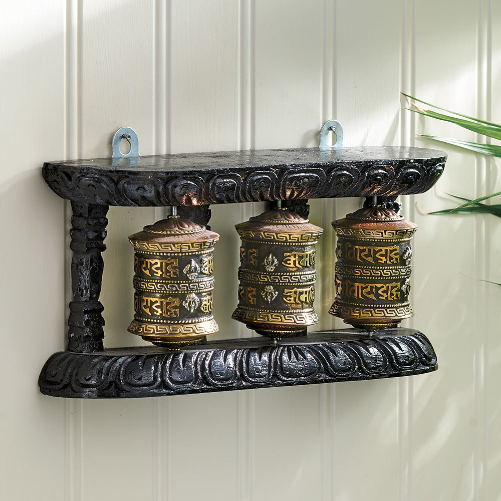 Triple Prayer Wheel with Wood Frame