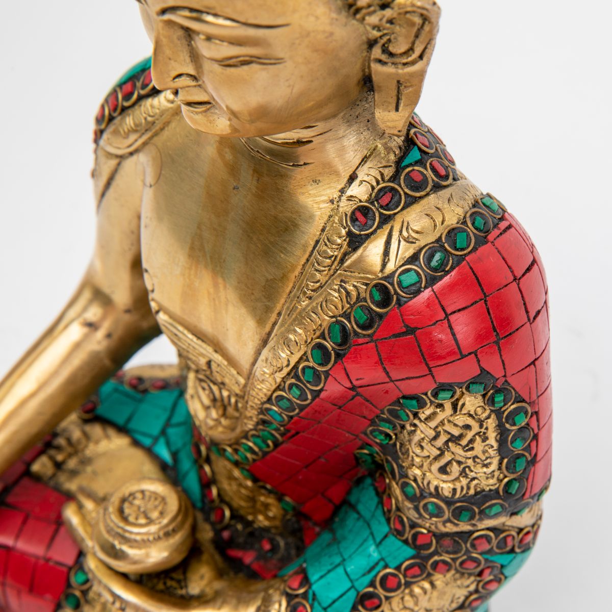 Brass Buddha Statue with Colorful Mosaic Robe - 10"