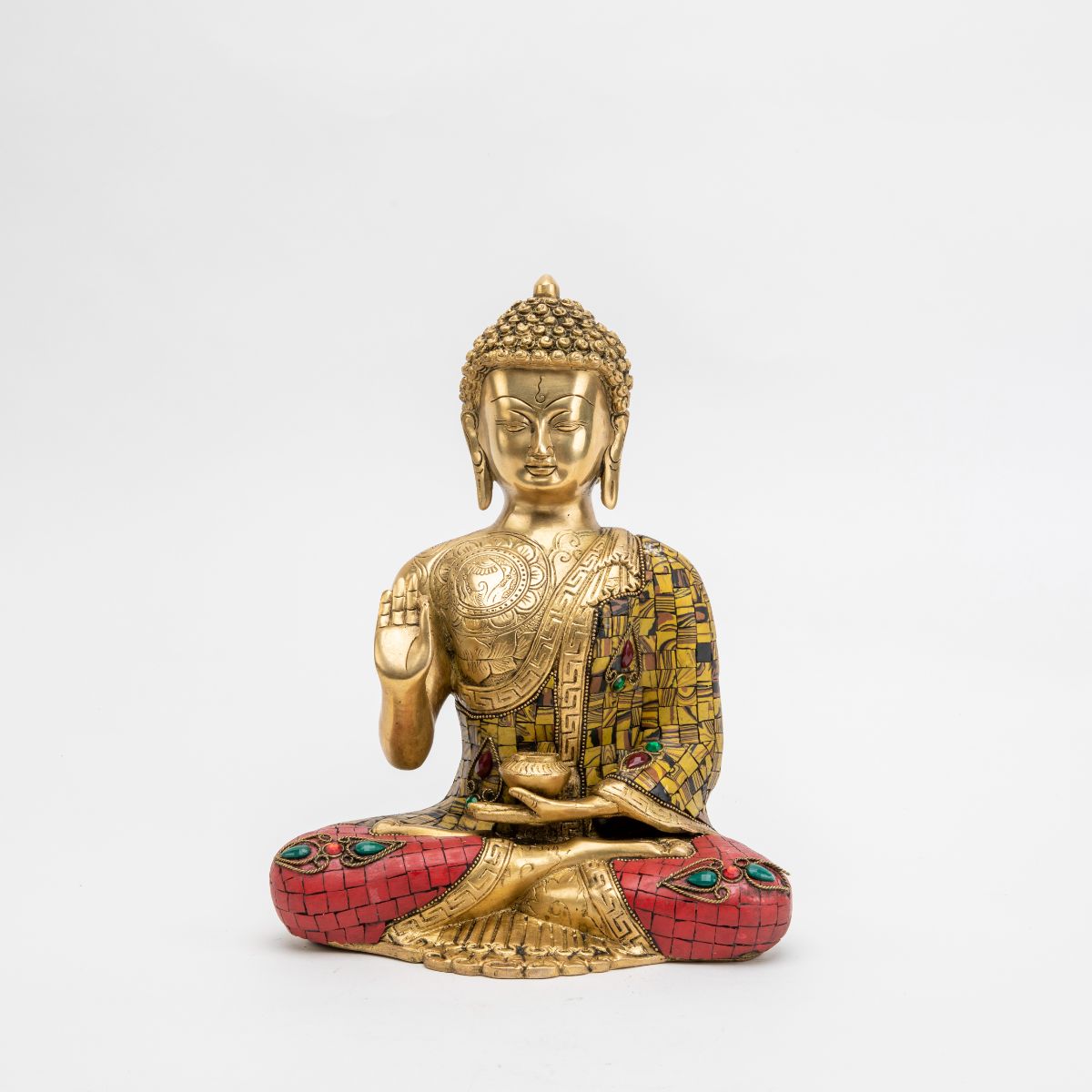 Brass Buddha Statue with Mosaic Detailing - 12"