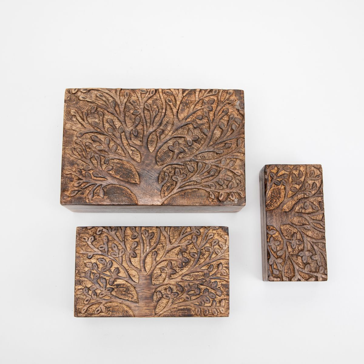 Set of 3 Keepsake Boxes with Tree of Life Carvings