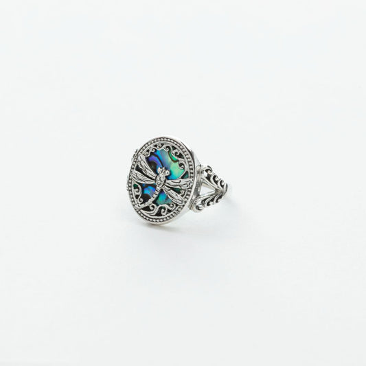 Dragonfly Ring with Paua Shell Background in Silver