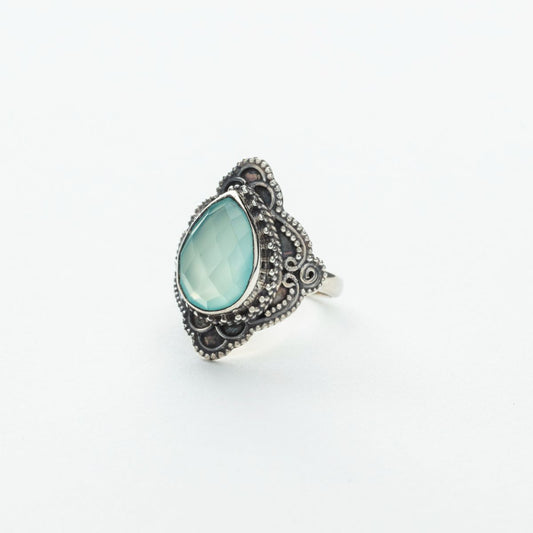 Pear-Shaped Chalcedony Filigree Statement Ring in Silver