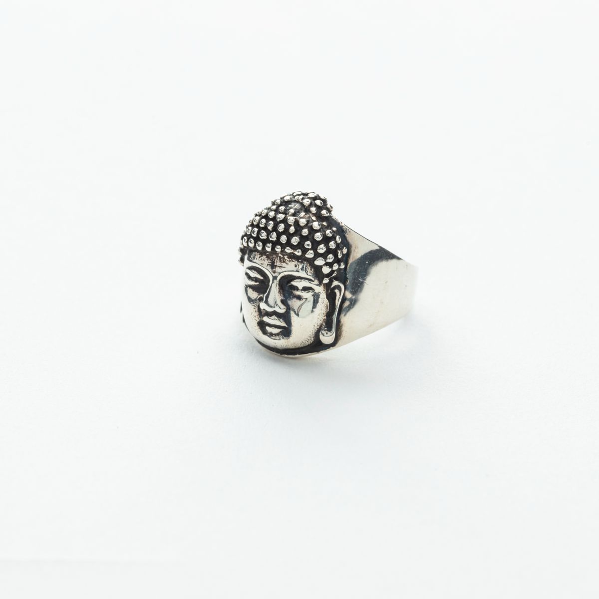 Wide Band Buddha Face Ring in Silver