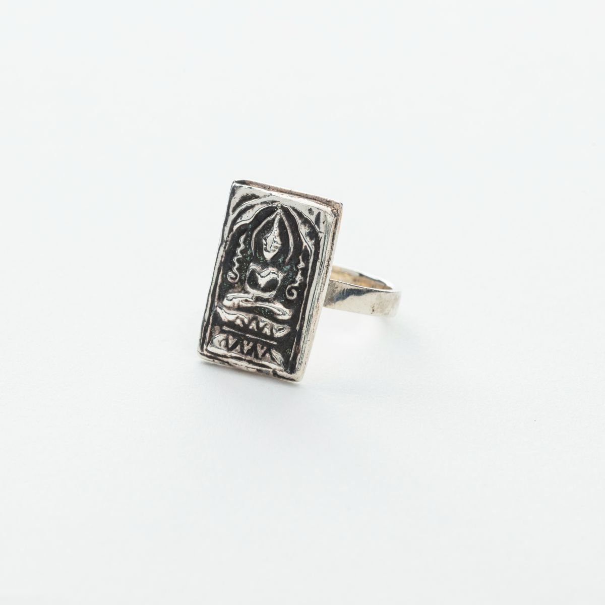 Rectangular Sitting Buddha Image Ring in Silver