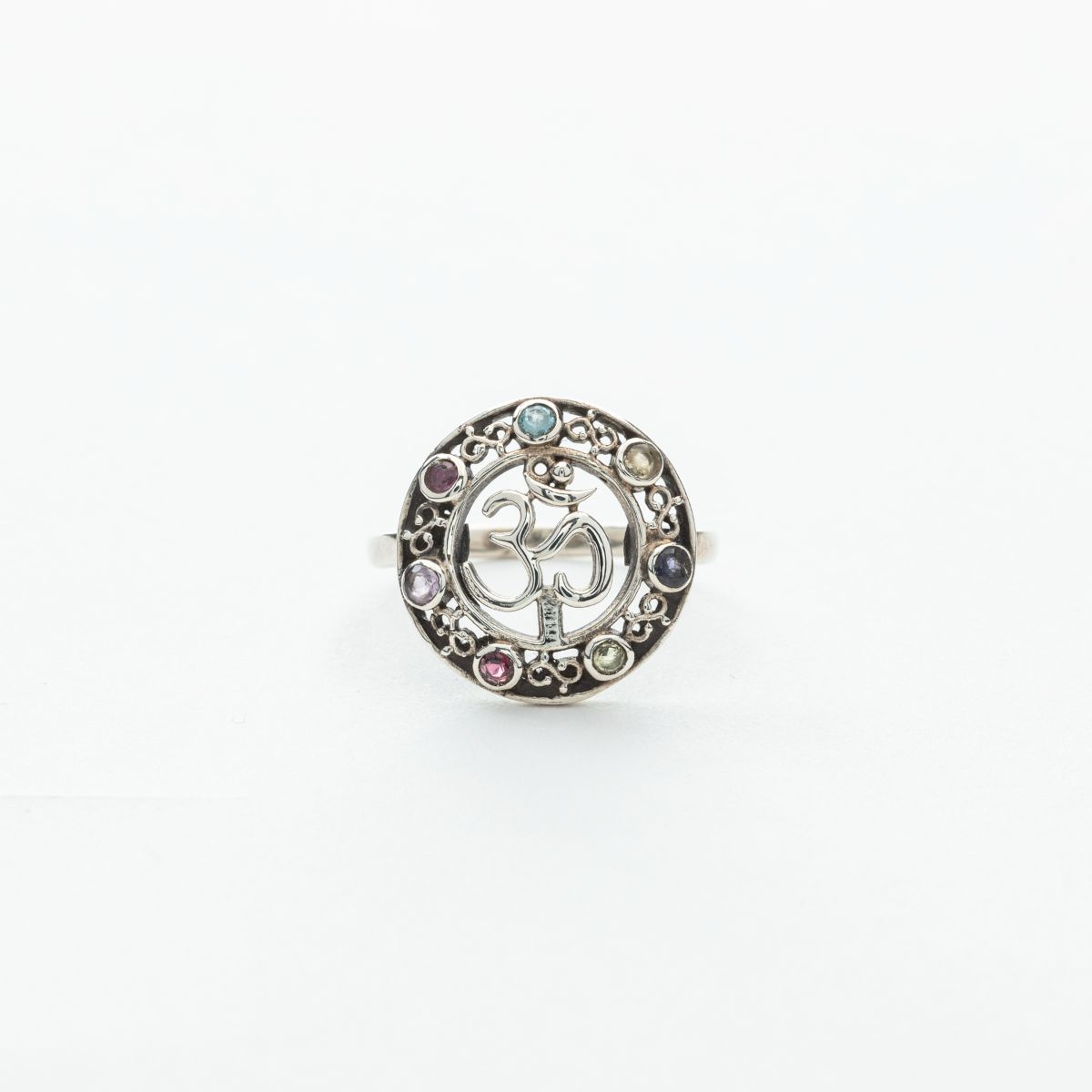 7 Stone Chakra Ring with Om Symbol in Silver