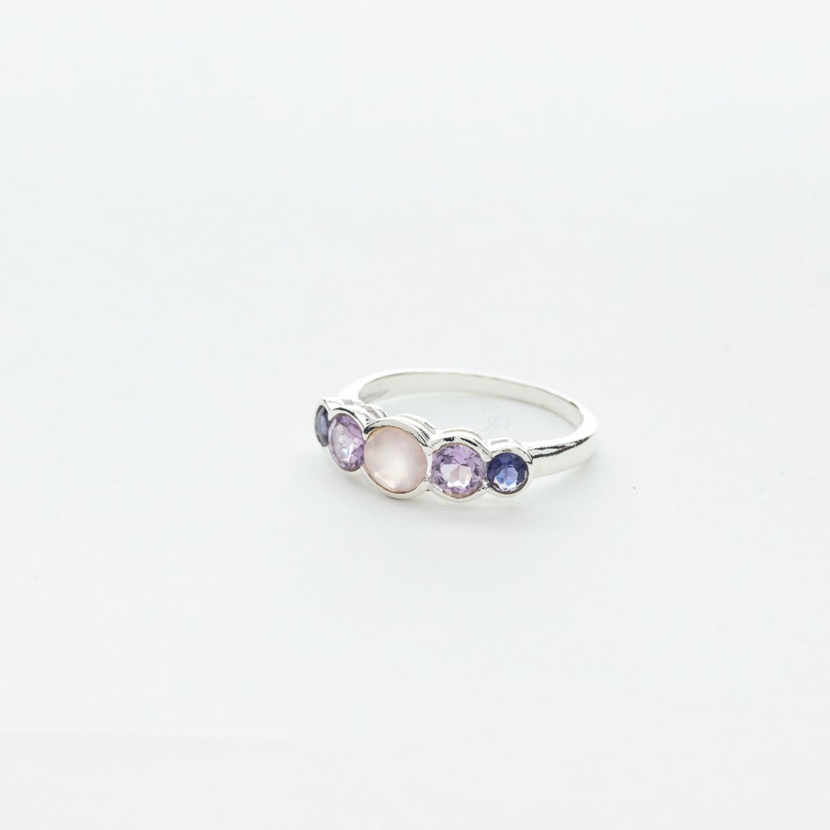 5 Stone Rose Quartz, Amethyst, Iolite Ring in Silver