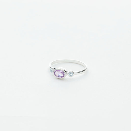 3 Stone Oval Amethyst and Blue Topaz Ring in Silver
