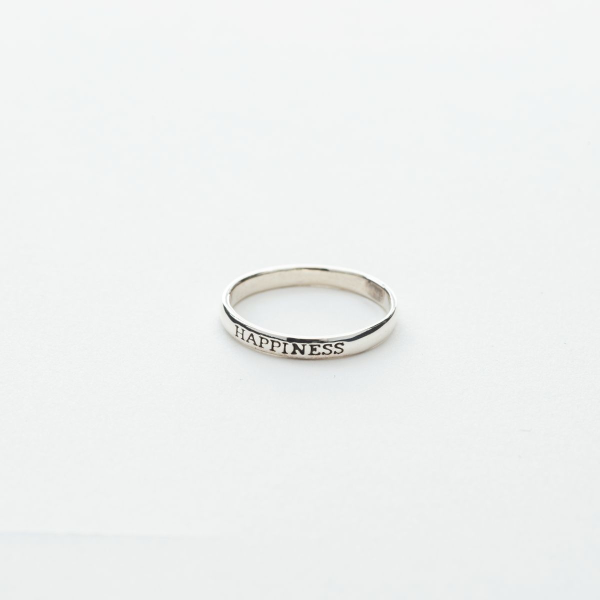 "Happiness" Script Skinny Band Ring in Silver