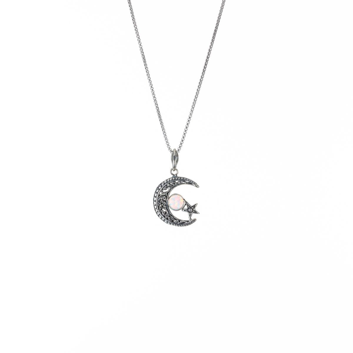 Silver Crescent Moon and Star Pendant Necklace with Opal