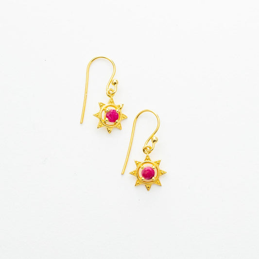 Gold Plated Sun and Ruby Dangle Earrings