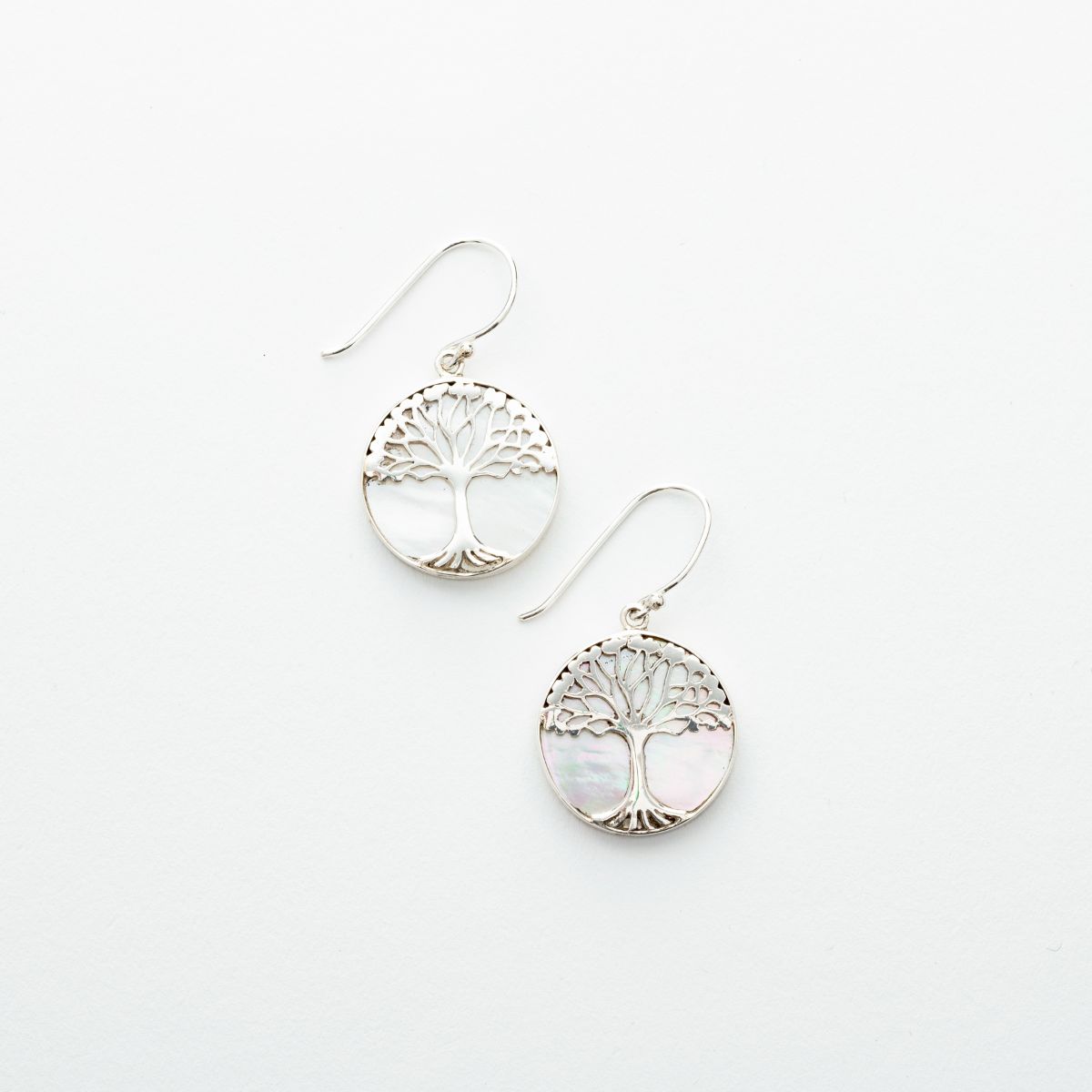 Tree of Life Mother of Pearl Dangle Earrings in Sterling Silver
