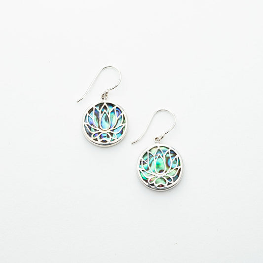 Lotus Flower with Paua Shell Round Dangle Earrings in Sterling Silver