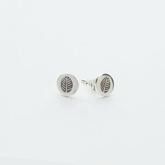 Tiny Round Bodhi Leaf Stud Earrings in Sterling Silver