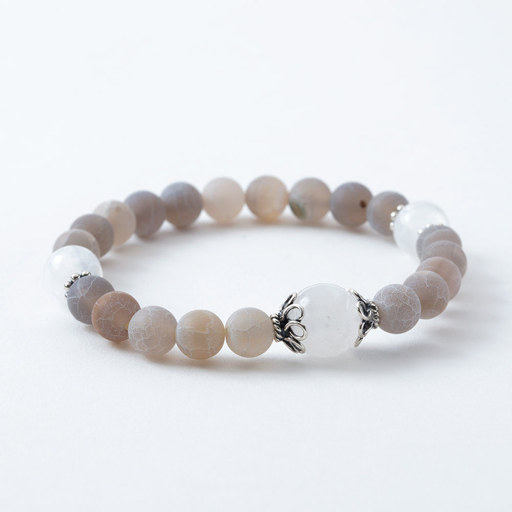 Frosted Light Gray Agate and Selenite Stretchy Mala Bracelet