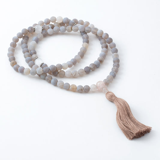 Frosted Light Gray Agate and Selenite Mala, 108 Beads