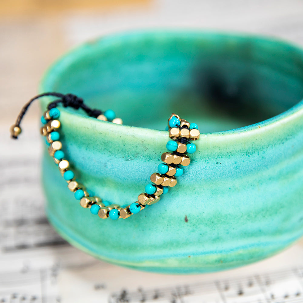 Turquoise and Brass Bead Bracelet