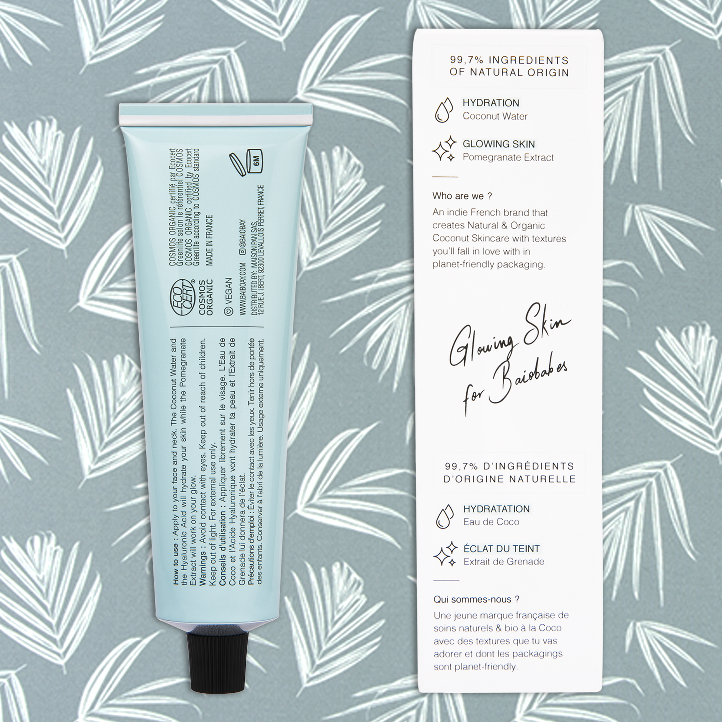 Back side views of BAIOBAY Coconut Oil Moisturizer tube and box, side by side on a botanical backdrop.