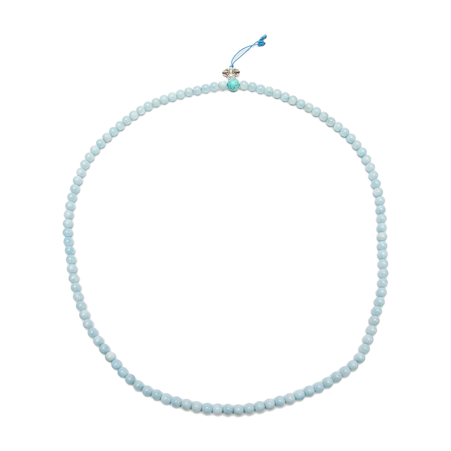 The Aquamarine Mala rests on a solid white backdrop. It is laid flat to form a perfect oval.