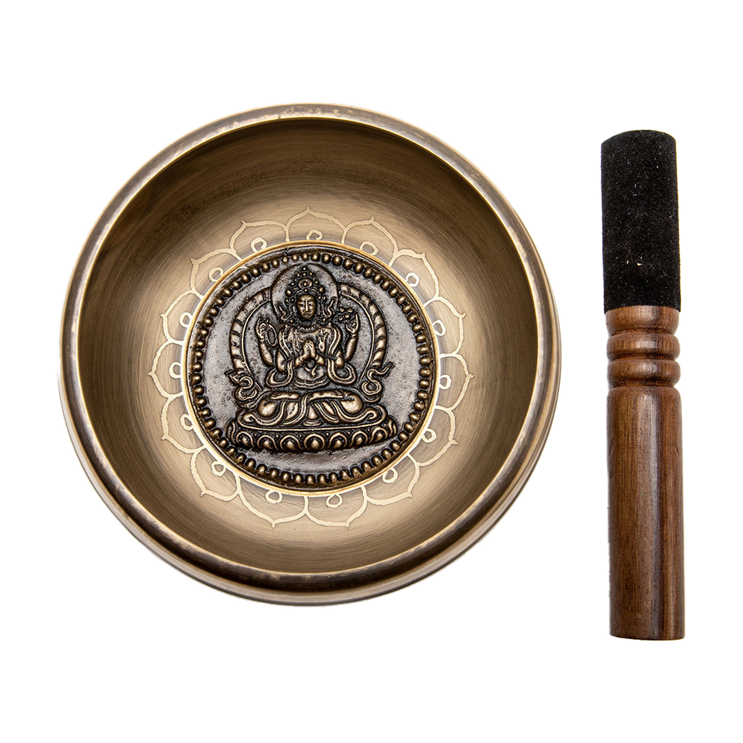 Inside view of the Avalokiteshvara Singing Bowl against a solid white backdrop. The mallet lays vertically beside it.
