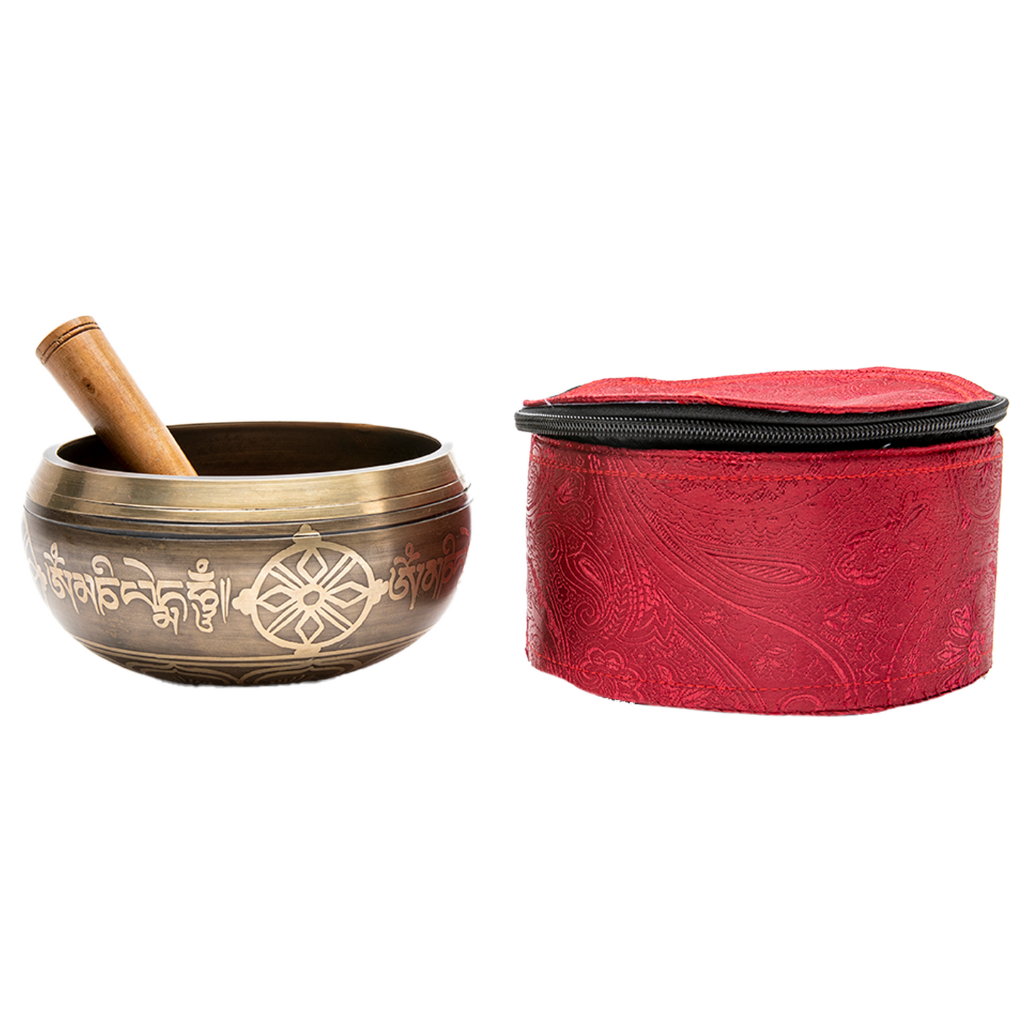 Side angle of the Full Moon Singing Bowl, with mallet inside, against a solid white backdrop. Its red embroidered case sits at its right.