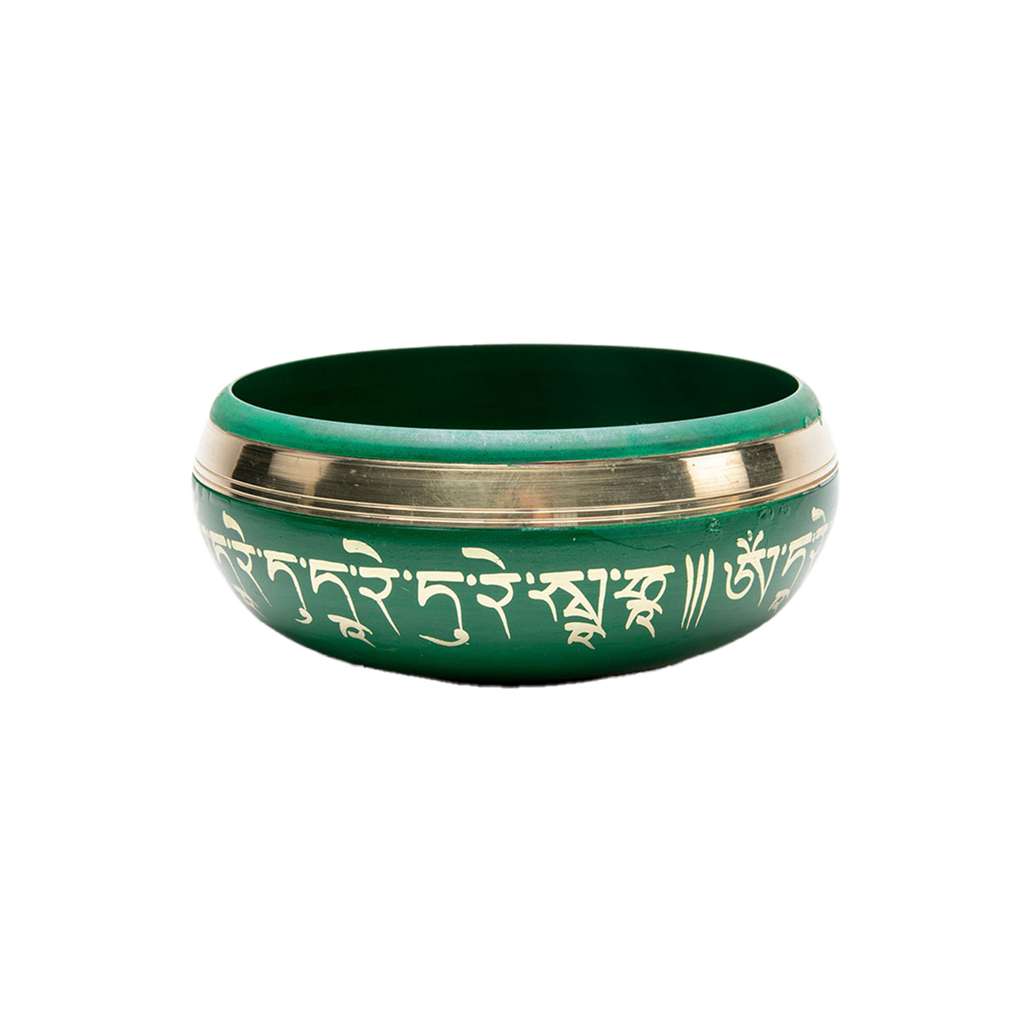 Side angle of just the Green Tara Singing Bowl on a solid white backdrop.