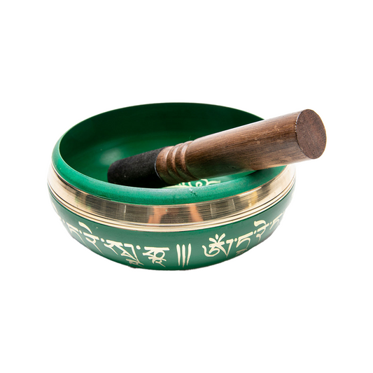 Side angle of the Green Tara Singing Bowl, with mallet inside, against a solid white backdrop.