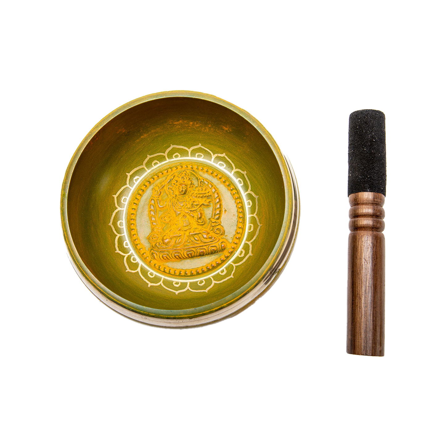 Inside view of the Manjushri Singing Bowl against a solid white backdrop. The mallet lays vertically beside it.