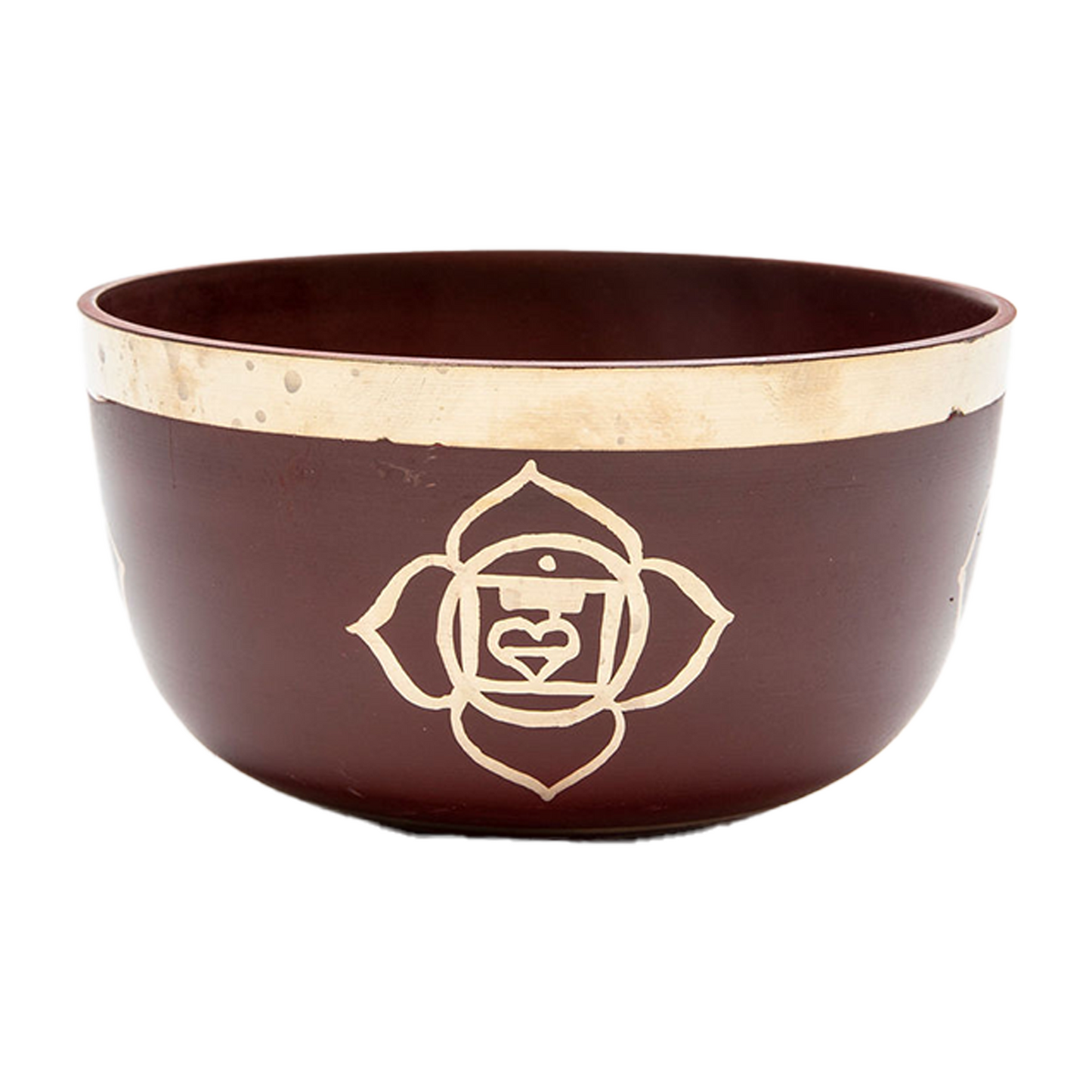 Side view of the red chakra (root chakra) bowl on a white backdrop.