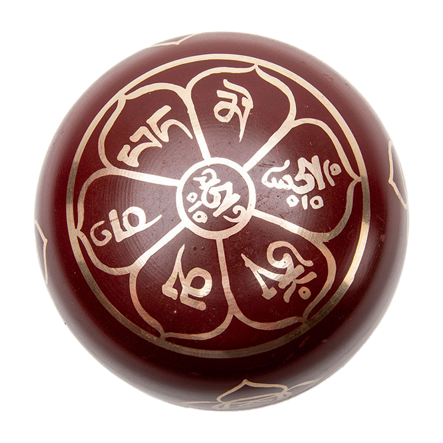 Underside view of the red chakra (root chakra) bowl on a white backdrop.