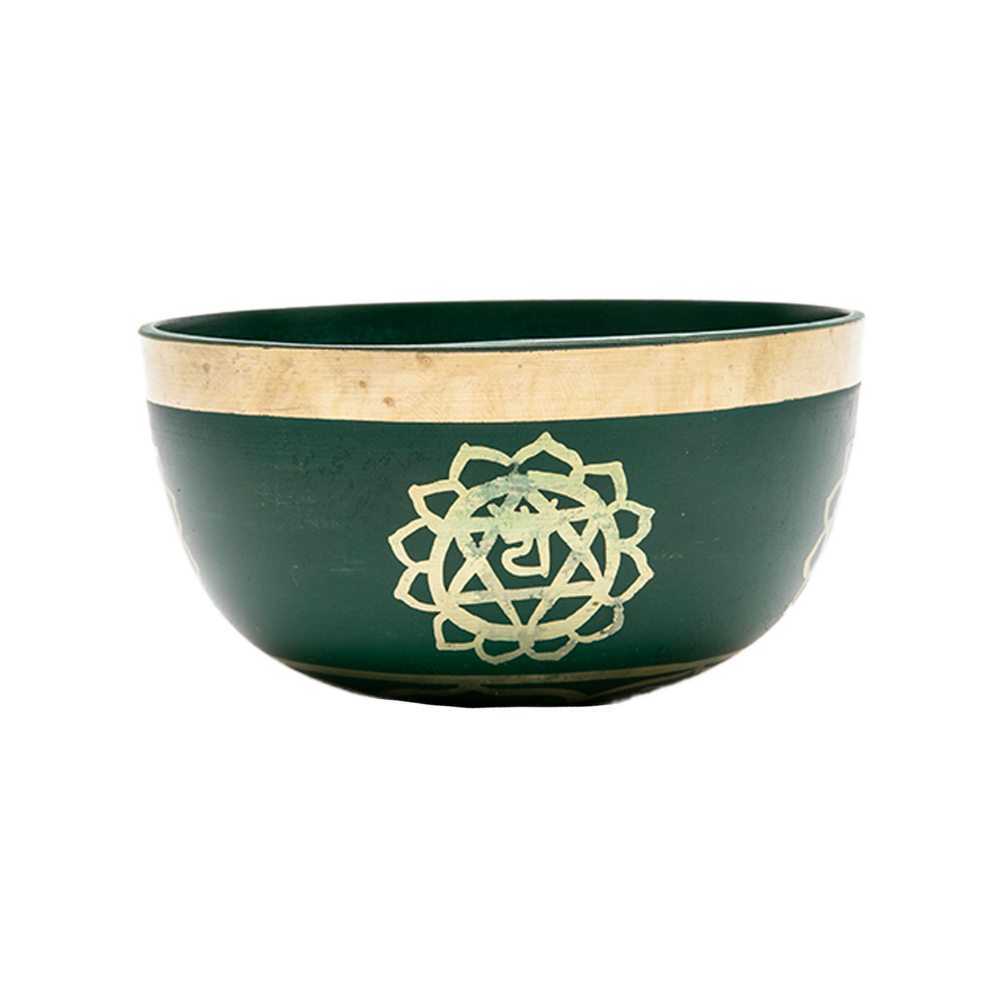 Side view of the green chakra (heart chakra) bowl on a white backdrop.