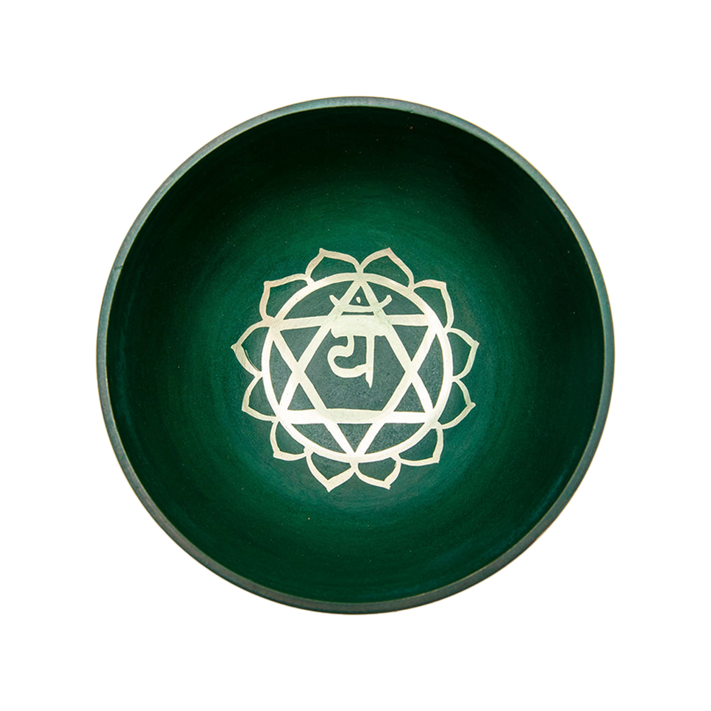 Inside view of the green chakra (heart chakra) bowl on a white backdrop.