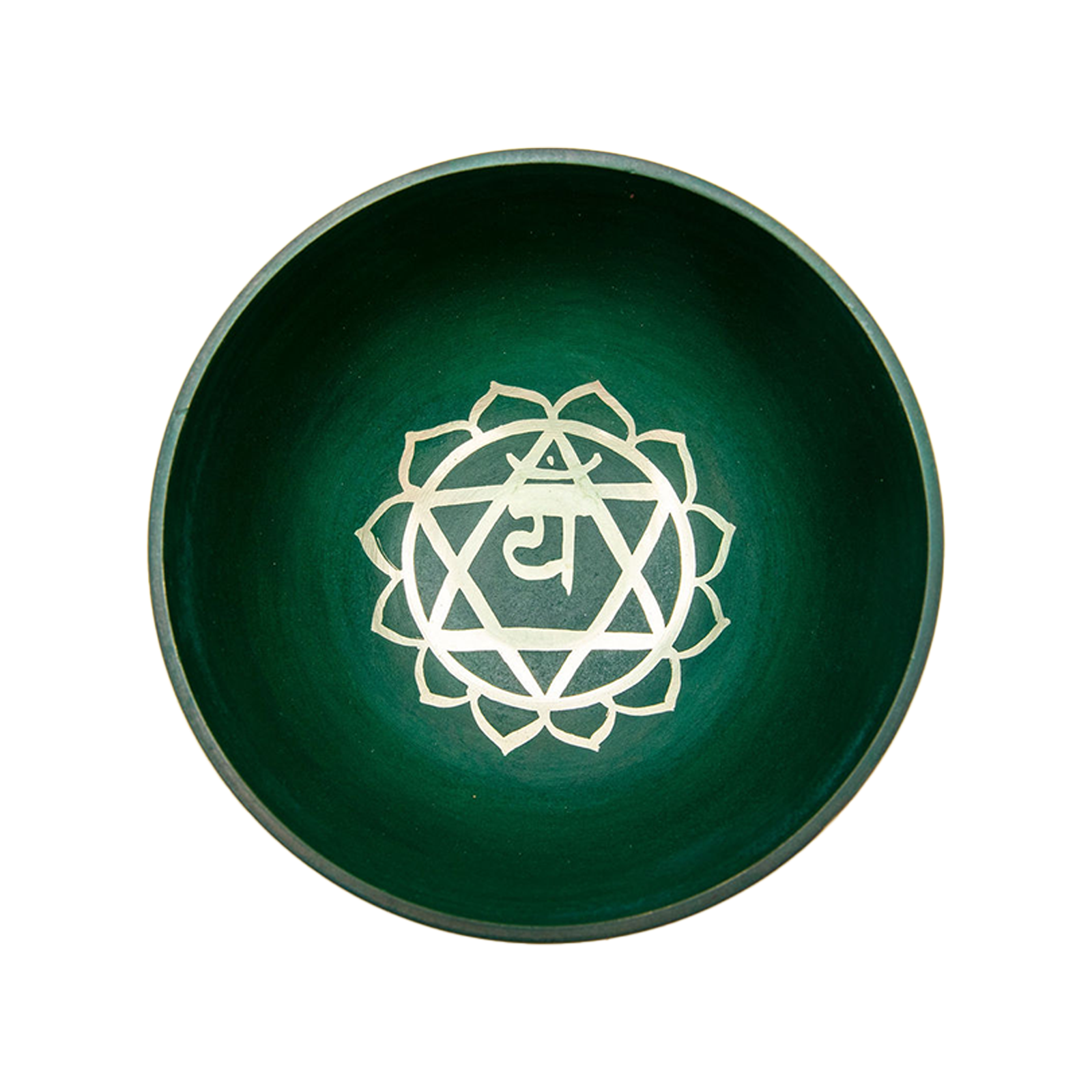 Inside view of the green chakra (heart chakra) bowl on a white backdrop.