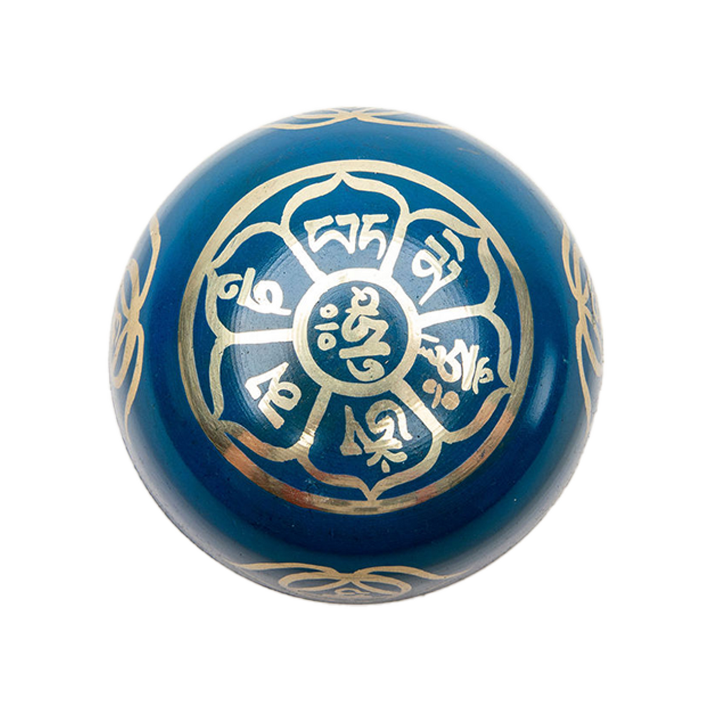 Underside view of the indigo chakra (third eye chakra) bowl on a white backdrop.