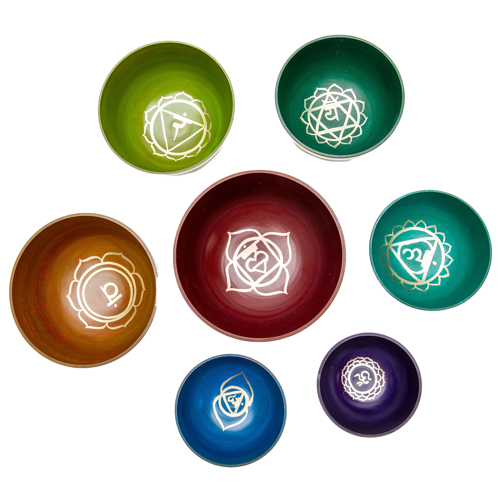 Chakra 7 Bowl Set against a white backdrop. The viewer is looking down into each of the evenly spaced bowls viewing the motif on the inside of the bowl.