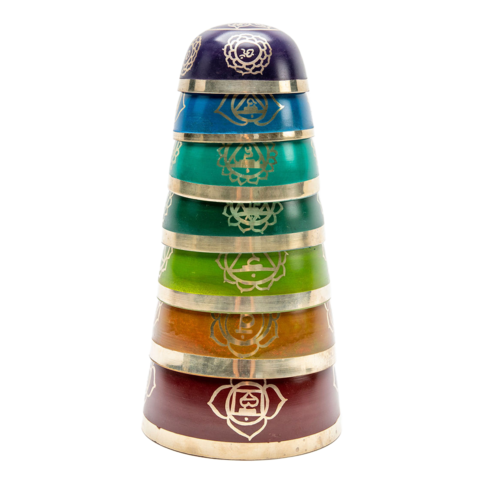 Each bowl of the Chakra 7 Bowl Set is stacked vertically upside down so that the largest bowl is at the bottom against a solid white backdrop.