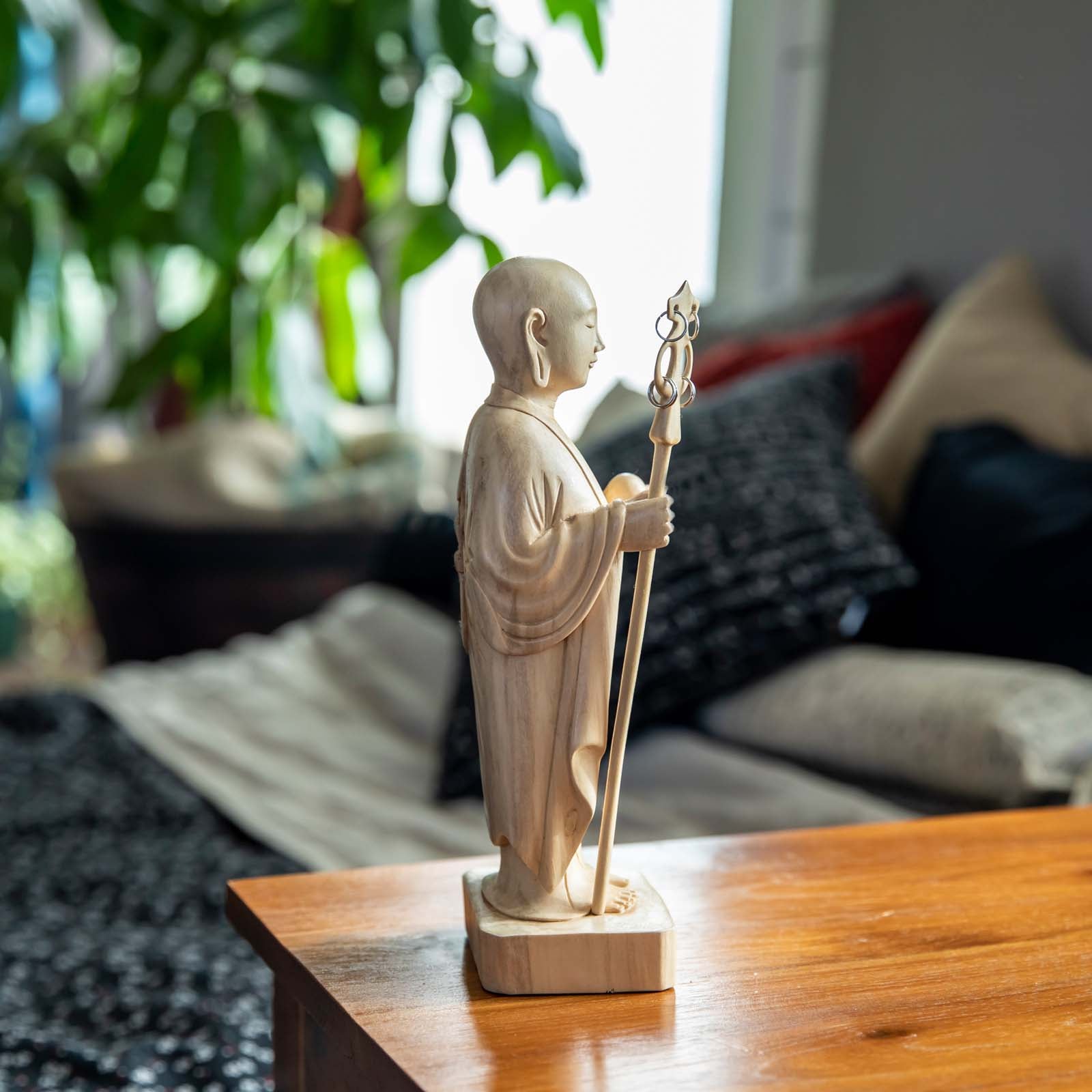 Wooden Jizo Wall Decor, Hanging Buddha Wall Art, Wood Figurine, Unique Ornament, Office Decor, Wood Carving, Gift for Her, Gift authentic for Father