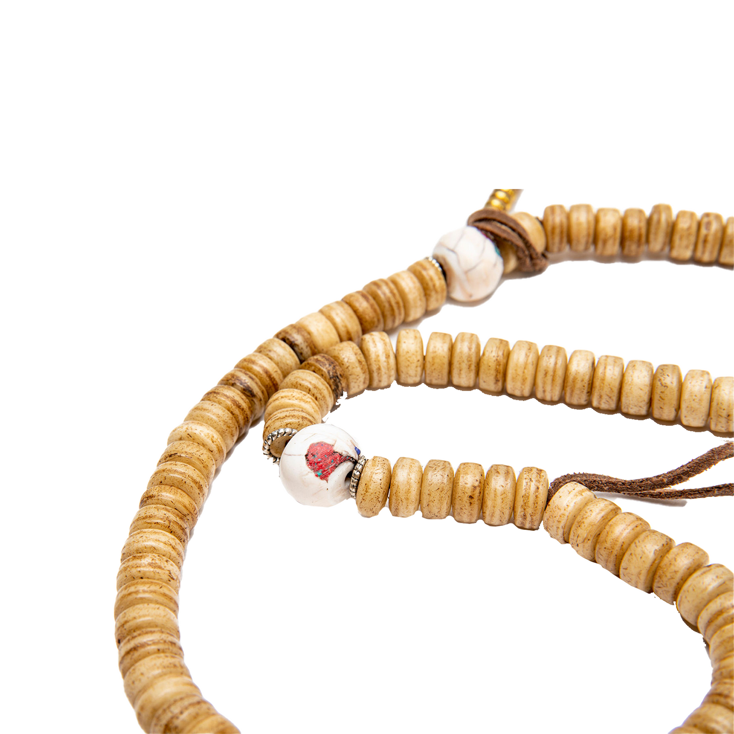 Close-up of the Yak Bone Disc-Shaped Mala yak bone and shell beads against a white backdrop.