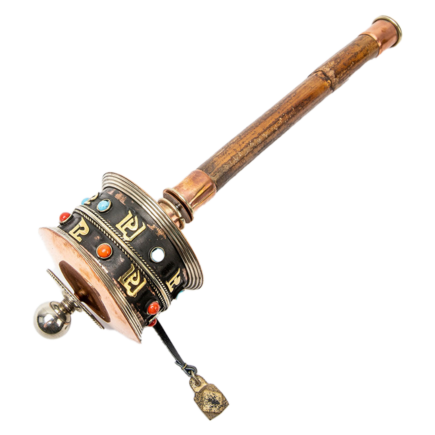 Large Prayer Wheel on a solid white backdrop; side angle.