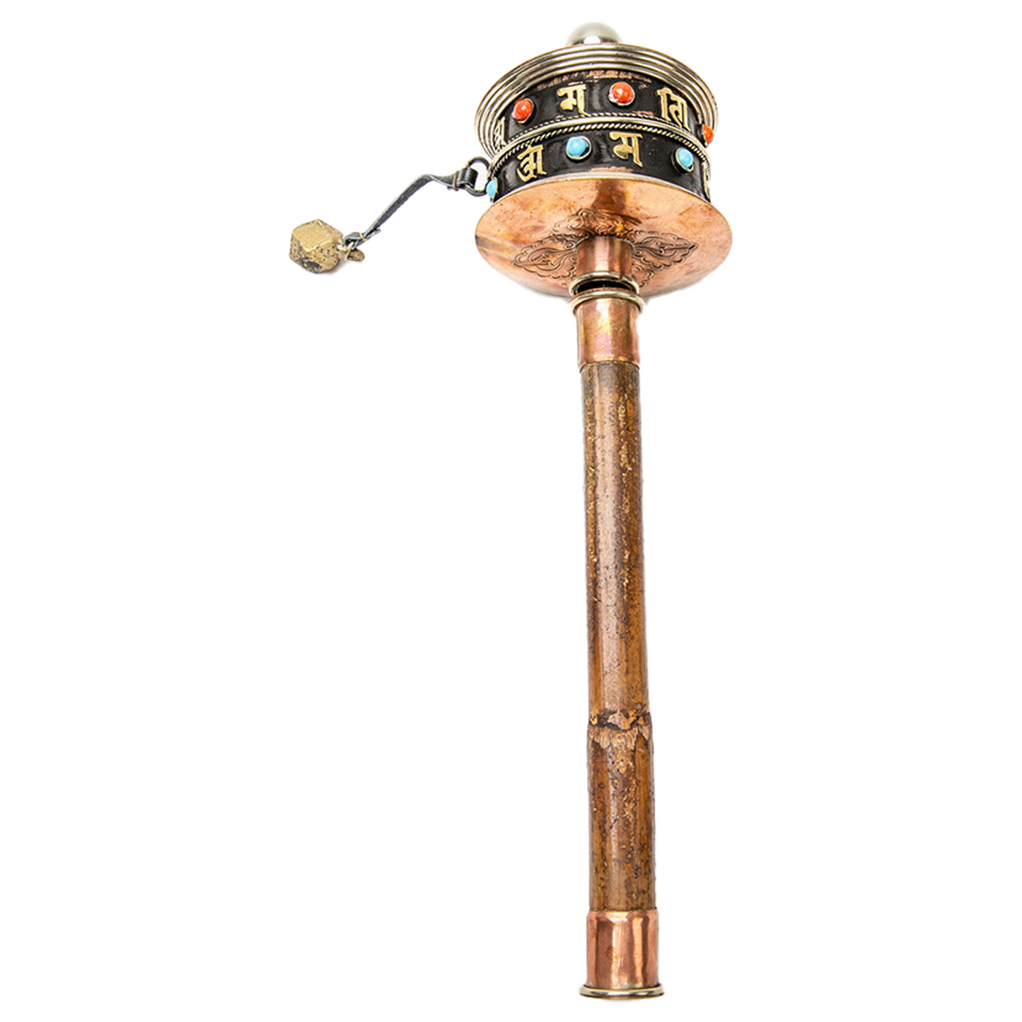Underside perspective of big Handheld Prayer Wheel on a solid white backdrop.