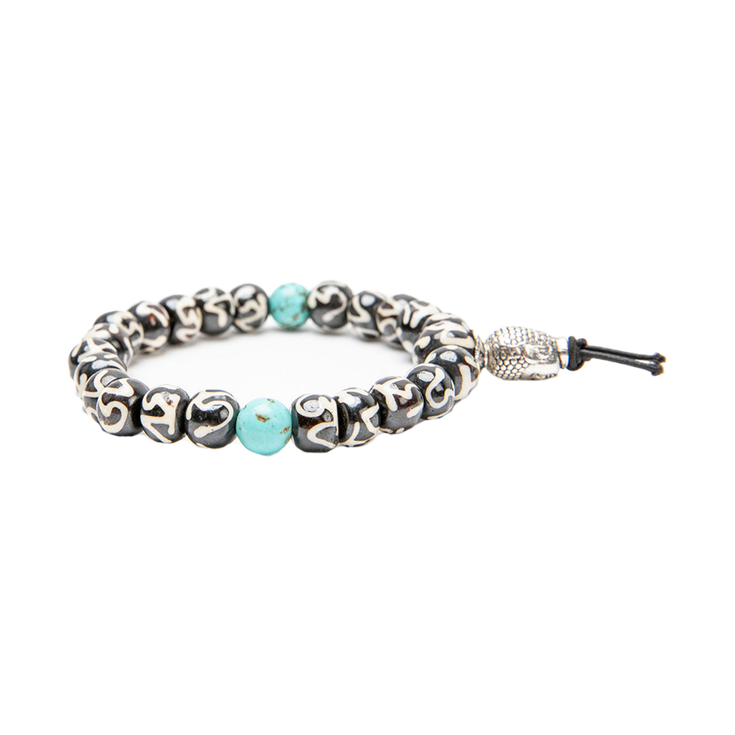 Om Buddha Bracelet on a solid white backdrop side angle. A Turquoise marker bead is in focus.