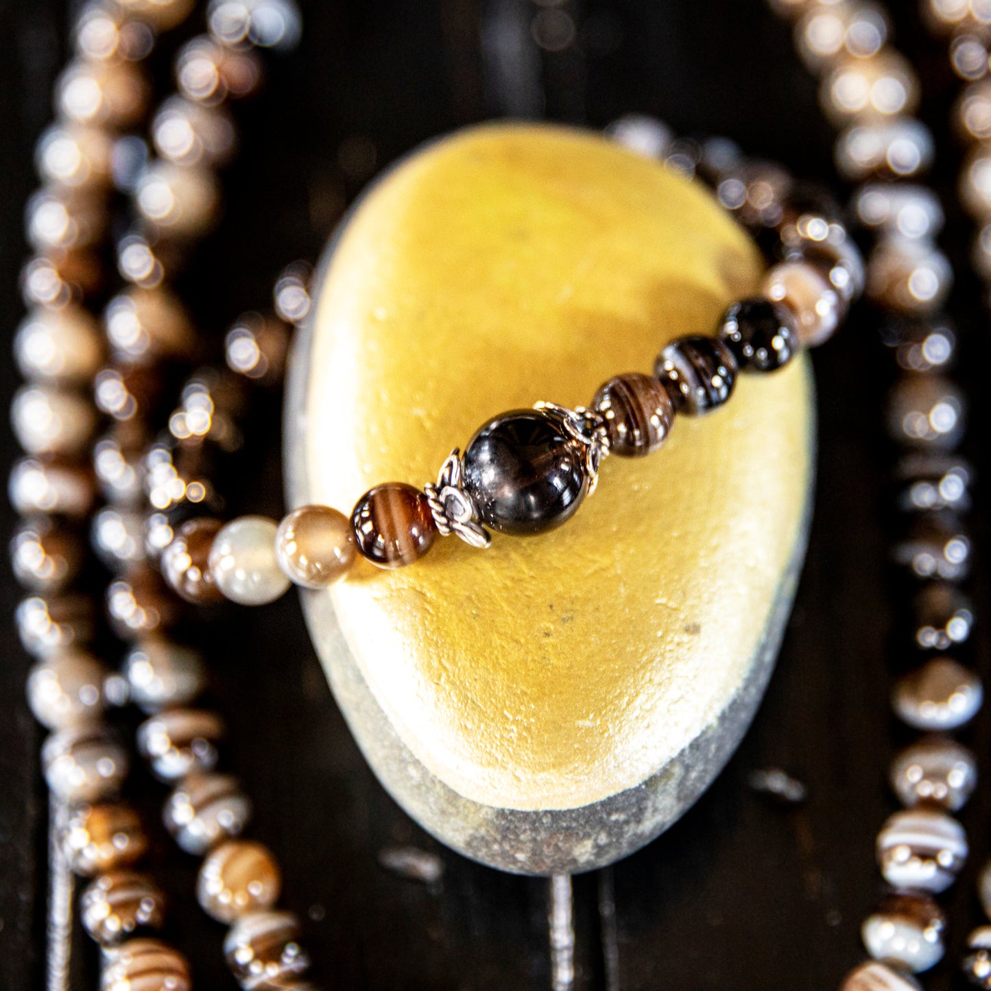 Stretchy Wrist Sardonyx Banded Agate with Smokey Quartz Mala