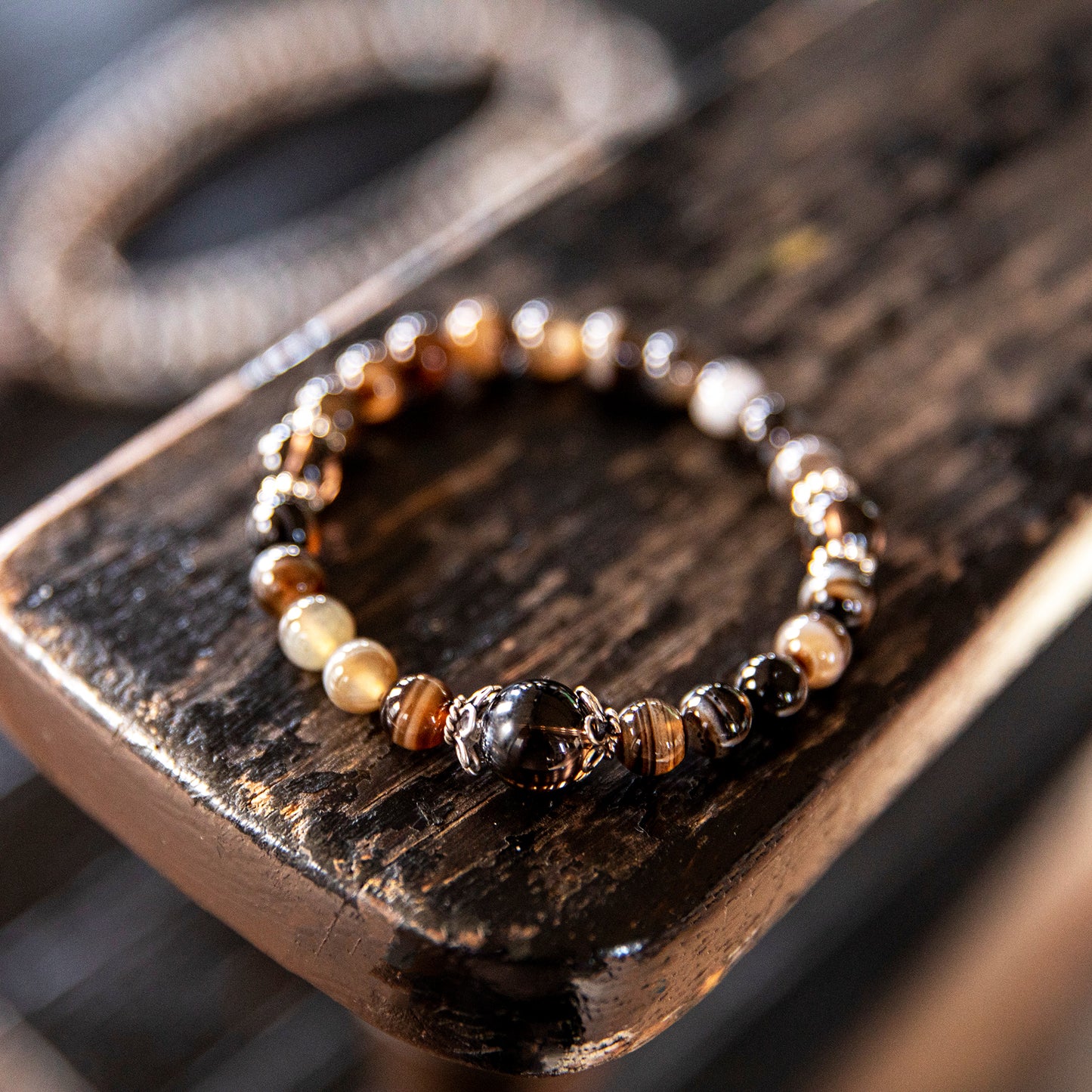 Stretchy Wrist Sardonyx Banded Agate with Smokey Quartz Mala