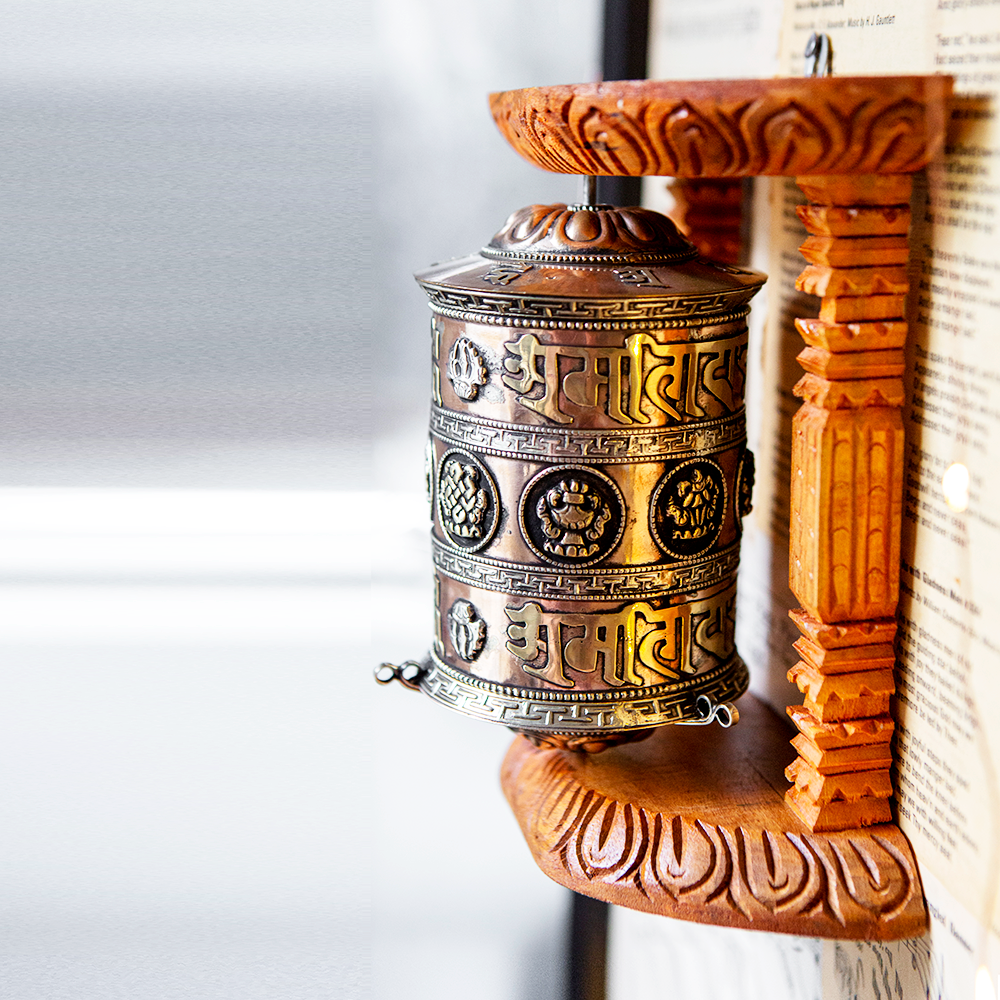 Prayer Wheel with Natural Wood Frame