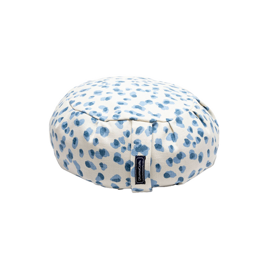 Polka Dot Zafu on white backdrop. Carrying handle with DharmaCrafts logo is centered.