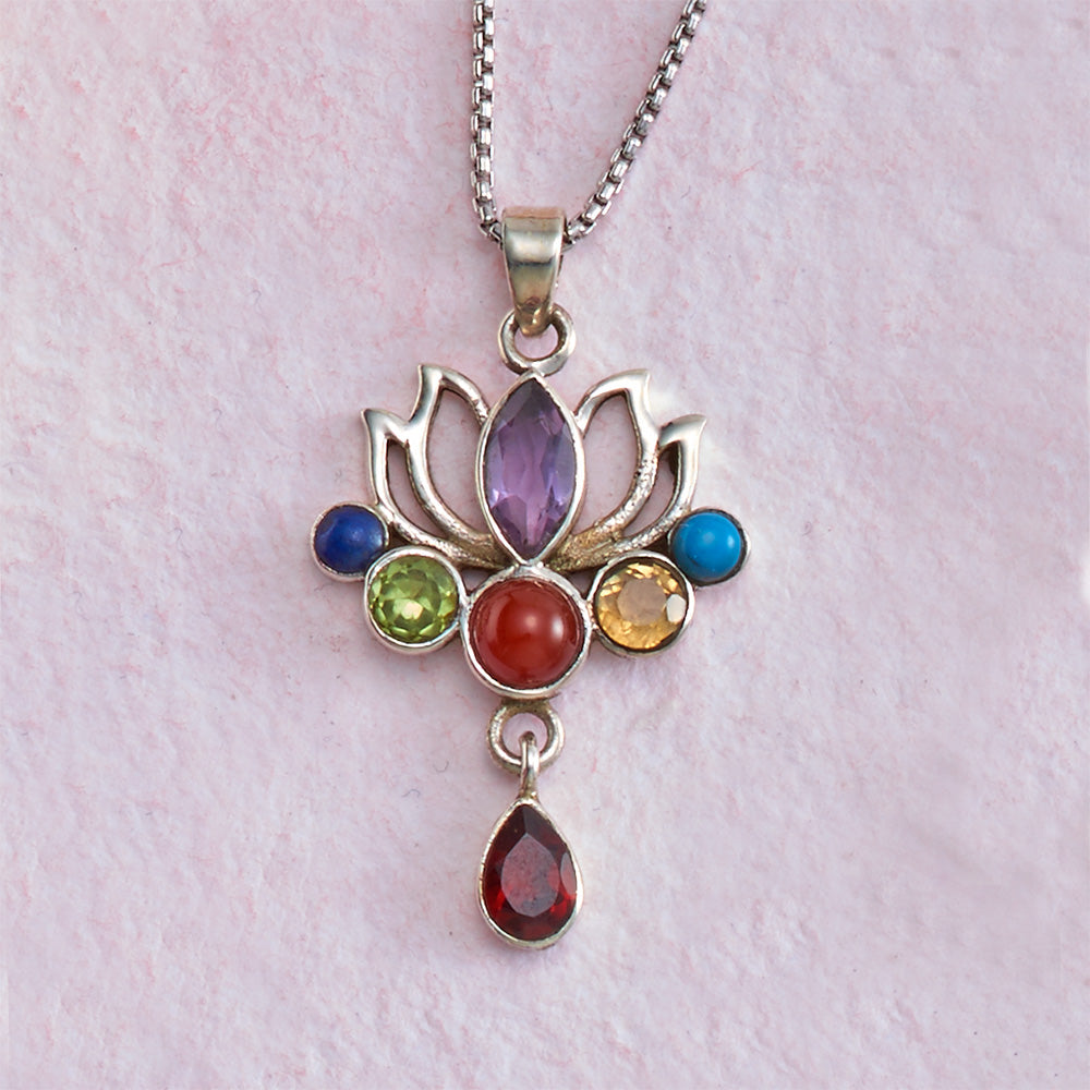 Sterling Silver Lotus Necklace with Chakra Stones