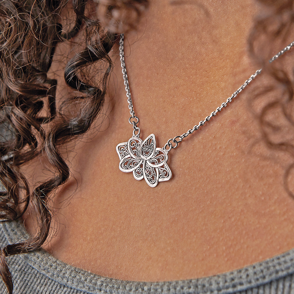 Sterling Silver Filigree Lotus Necklace